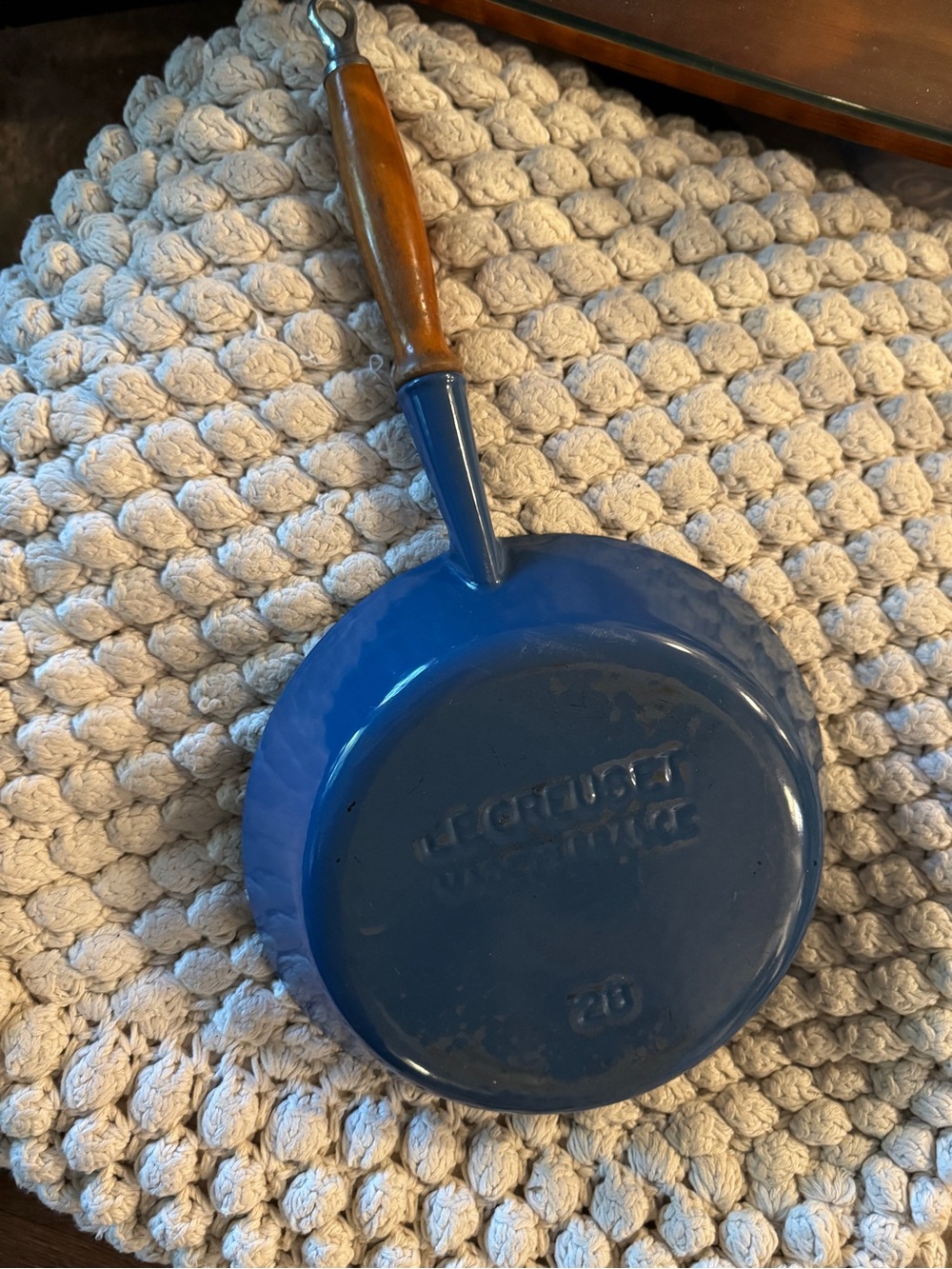 Vintage Le Creuset Blue Cast Iron Frying Pan with Wooden Handle #28